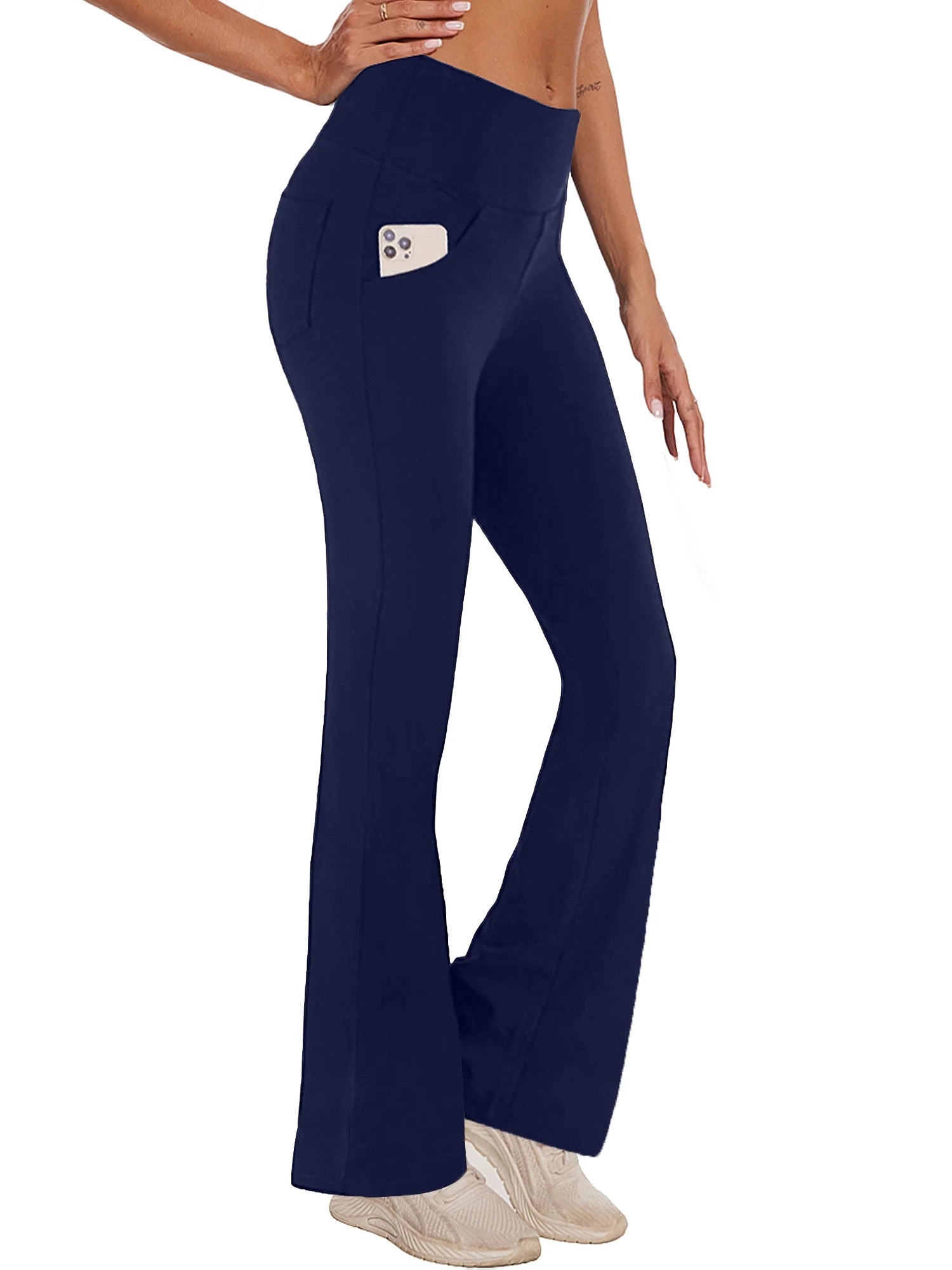 Womens Bootcut Yoga Pants with Pockets Flare Workout Legging High Waist Lightweight Bottoms Activewear Navy Blue L