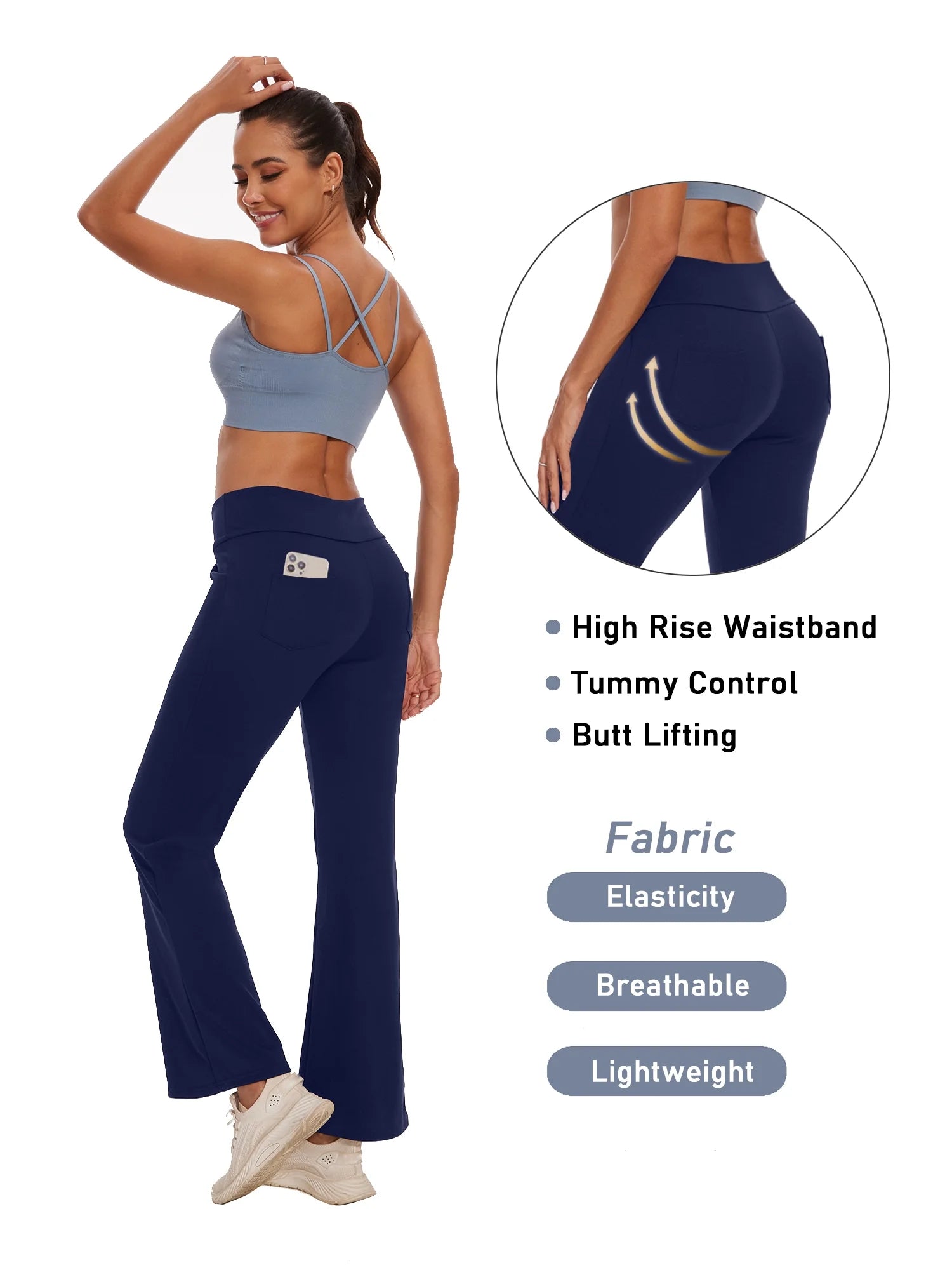 Womens Bootcut Yoga Pants with Pockets Flare Workout Legging High Waist Lightweight Bottoms Activewear Navy Blue L