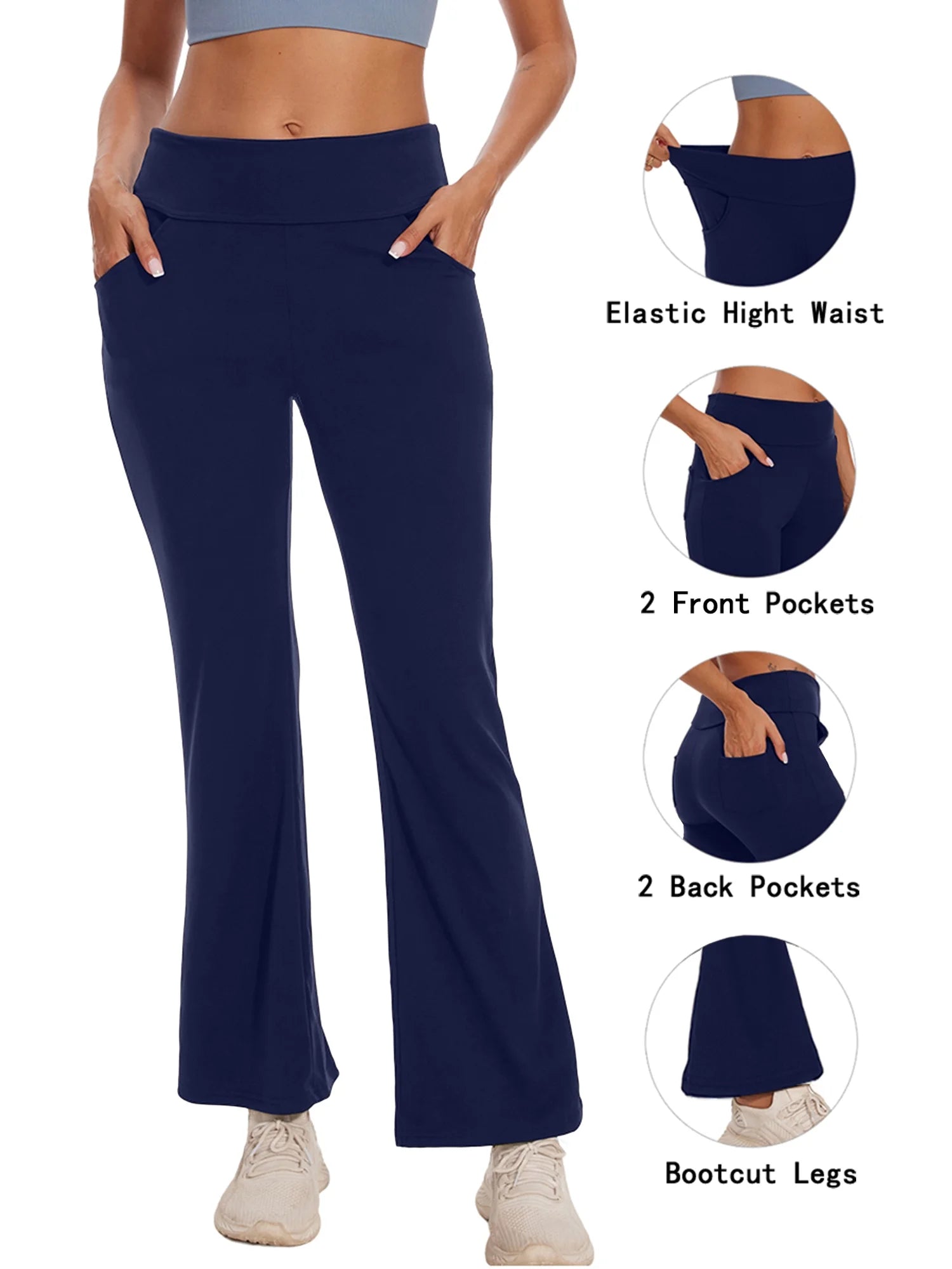 Womens Bootcut Yoga Pants with Pockets Flare Workout Legging High Waist Lightweight Bottoms Activewear Navy Blue L